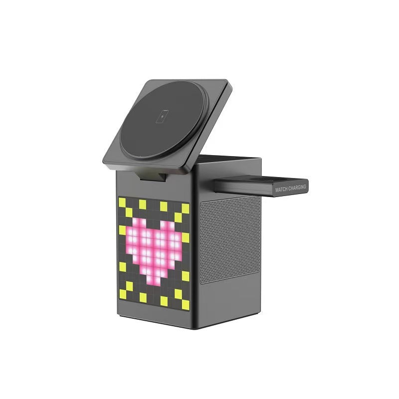 6-in-1 multi-functional magnetic wireless charger with Bluetooth speaker/alarm clock/pixel animation