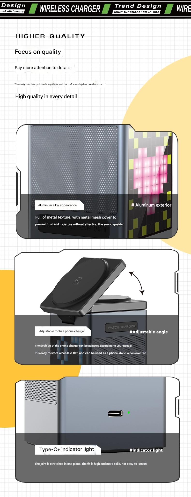 6-in-1 multi-functional magnetic wireless charger with Bluetooth speaker/alarm clock/pixel animation