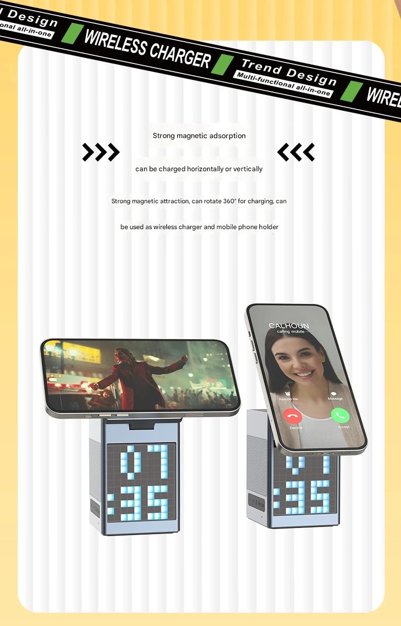 6-in-1 multi-functional magnetic wireless charger with Bluetooth speaker/alarm clock/pixel animation