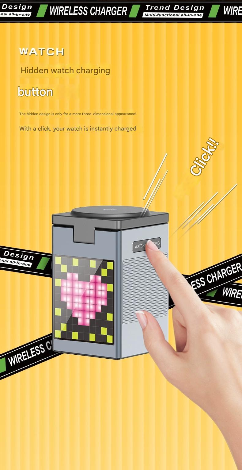 6-in-1 multi-functional magnetic wireless charger with Bluetooth speaker/alarm clock/pixel animation