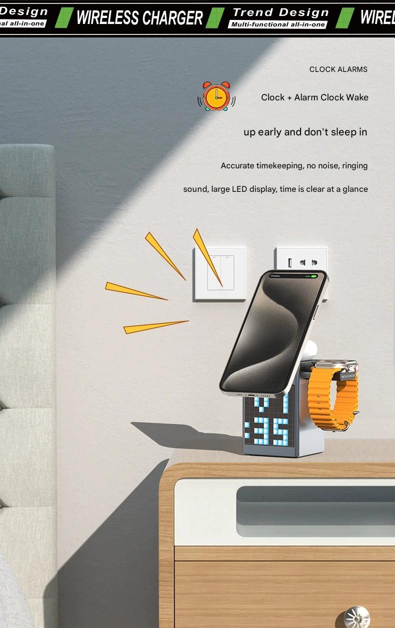 6-in-1 multi-functional magnetic wireless charger with Bluetooth speaker/alarm clock/pixel animation