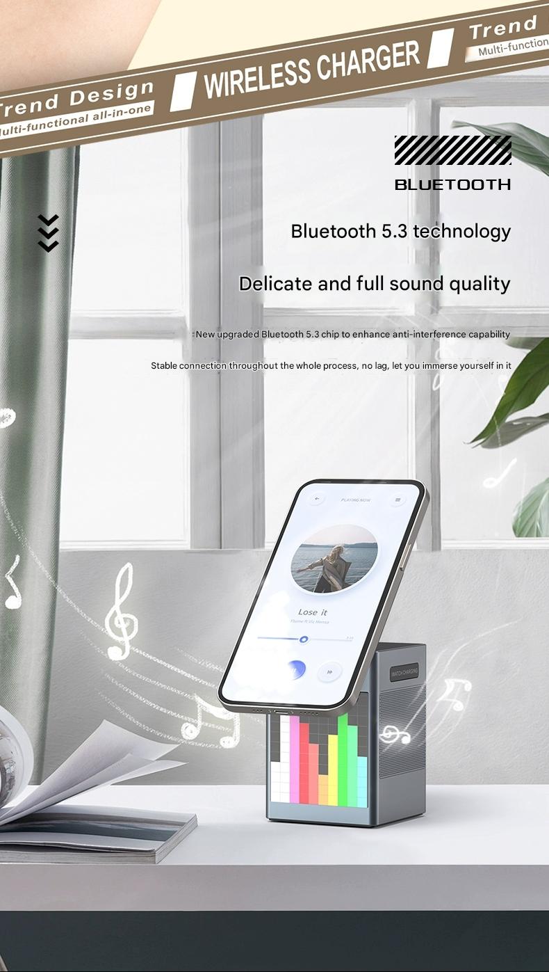6-in-1 multi-functional magnetic wireless charger with Bluetooth speaker/alarm clock/pixel animation