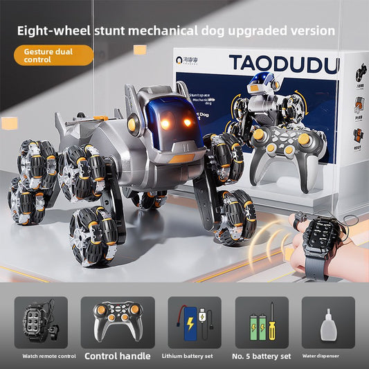 Mechanical Silver Remote-controlled Mechanical Dog (Gift Box Set) with Eight-wheel Posture Switching + One-click Spray + Gesture Remote Control