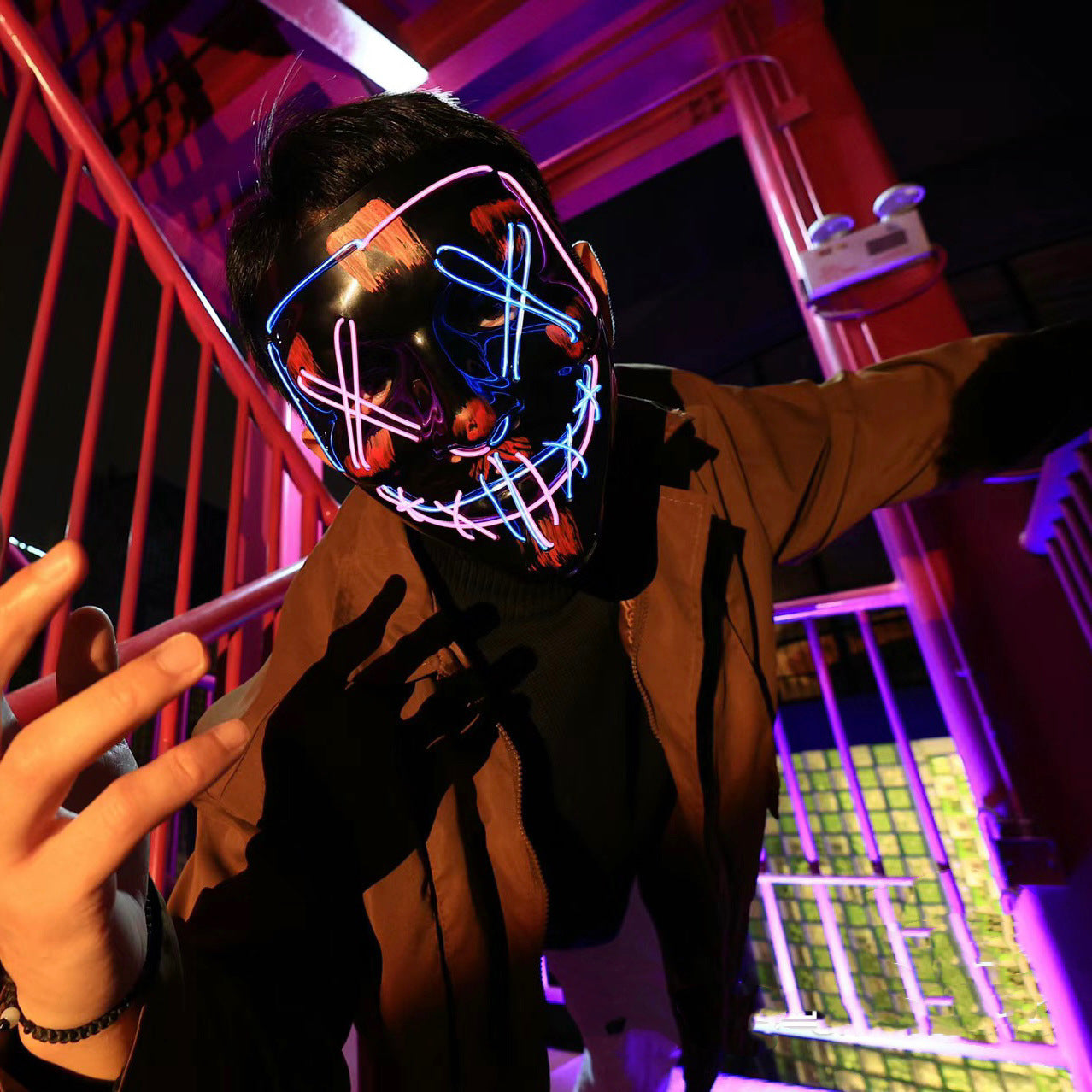 LED Glowing Black V-Shaped Mask,Cold Light Halloween Mask, Shuffle Dance Glowing Mask