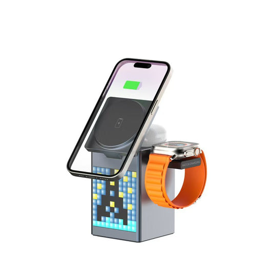 6-in-1 multi-functional magnetic wireless charger with Bluetooth speaker/alarm clock/pixel animation
