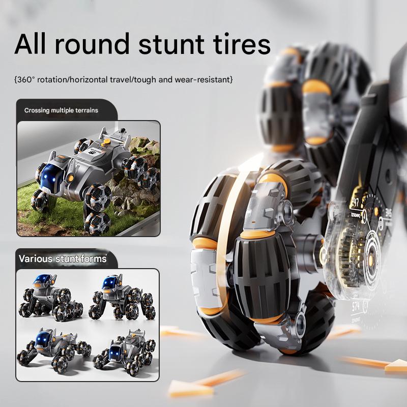 Mechanical Silver Remote-controlled Mechanical Dog (Gift Box Set) with Eight-wheel Posture Switching + One-click Spray + Gesture Remote Control